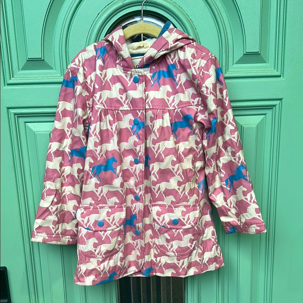 Hatley Girls Size 5 Pink and Blue Unicorn Raincoat with Teri cloth lining